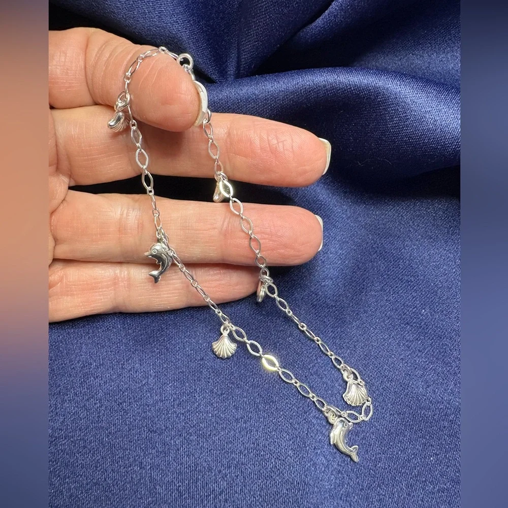 ANKLE Bracelet*925 Sterling Silver Shell and Dolphin Charm Link Chain